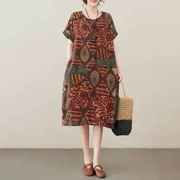 Летний ретро этнический стиль короткий рукав круглый вырез пуловер свободный крой льняной хлопок до колена платье для женщин one size оранжевый