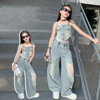 Летний ретро-джинсовый костюм для девочек, костюм-двойка в стиле Гонконга, детский джинсовый костюм для больших детей 170 синий