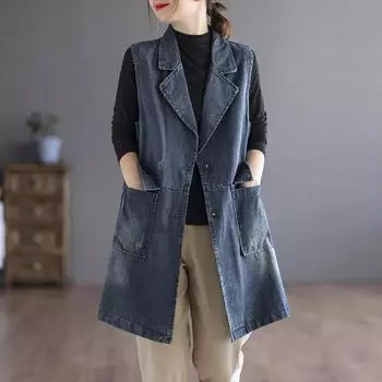 Летний ретро джинсовый жилет средней длины, женская свободная куртка большого размера XXXL чёрный
