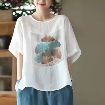 Летний ретро-хлопковый льняной топ с принтом для женщин, свободный пуловер, художественная ретро-повседневная футболка с короткими рукавами, тренд M белый