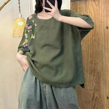 Летний ретро-художественнй топ из хлопка и льна с вышивкой для женщин, свободная утягивающая футболка с короткими рукавами, универсальные футболки-пуловеры для женщин M зелёный