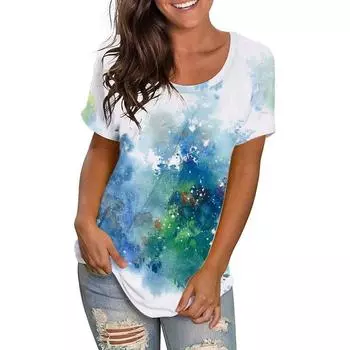 Летний ретро-пуловер с принтом тай-дай и градиентом, с короткими рукавами, простая свободная футболка с круглым вырезом S