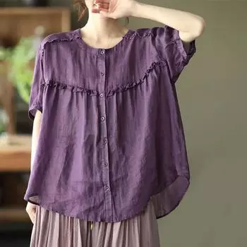 Летний ретро-сладкий кружевной топ Fungus свободного размера с короткими рукавами, универсальная рубашка, блузки и рубашки M розовый