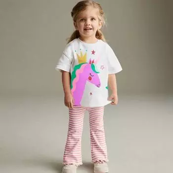 Летний розовый хлопковый костюм Детский комплект из двух предметов для девочек Повседневный топ с короткими рукавами и принтом в виде мультфильма и расклешенные брюки Одежда для девочек 2Y