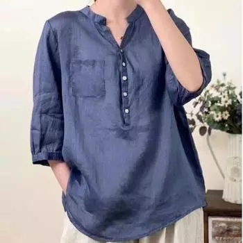 Летний розовый желтый топ для женщин, хлопково-льняная блузка в стиле ретро, однотонная рубашка с короткими рукавами M розовый