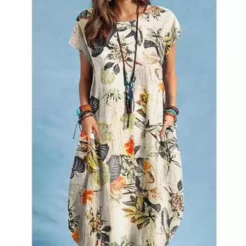 Летний сарафан с цветочным принтом, хлопковое льняное вечернее короткое платье, женские повседневные платья с коротким рукавом S оранжевый