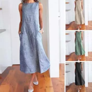 Летний сарафан в полоску с принтом без рукавов с круглым вырезом и боковыми карманами Свободное платье до середины икры в стиле пэчворк Повседневная повседневная одежда Платье миди M хаки