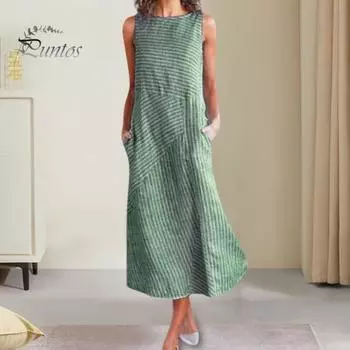 Летний сарафан в полоску с принтом без рукавов с круглым вырезом и боковыми карманами Свободное платье до середины икры в стиле пэчворк Повседневная повседневная одежда Платье миди M хаки
