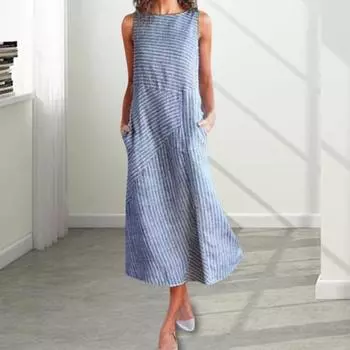 Летний сарафан в полоску с принтом без рукавов с круглым вырезом и боковыми карманами Свободное платье до середины икры в стиле пэчворк Повседневная повседневная одежда Платье миди M хаки