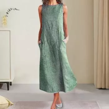 Летний сарафан Yousheng с полосатым принтом, без рукавов, с круглым вырезом, с боковыми карманами, свободный, длиной до середины икры, в стиле пэчворк, повседневная одежда, миди-платье M хаки