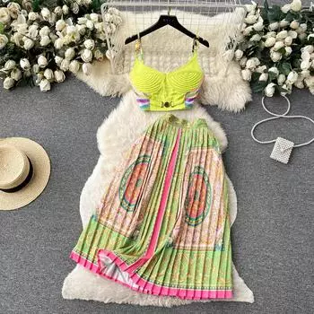 Летний сексуальный барочный цепочный принт из двух предметов, праздничный комплект, женский простой бюстгальтер с металлической пряжкой, укороченный топ на тонких бретельках + плиссированная юбка-миди, наряды S белый