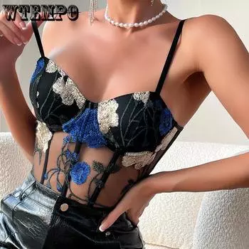 Летний сексуальный горячий тонкий топ с полуперспективой и сетчатым цветком, вышитым стальным кольцом, маленькая майка с рыбьей косточкой S синий