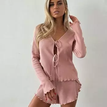 Летний сексуальный кардиган на шнуровке, трикотажные шорты с длинными рукавами, женская домашняя одежда, мягкий пижамный комплект S