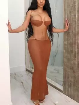 Летний сексуальный комплект из двух предметов без рукавов, женские однотонные топы с сетчатым ремешком + эластичная юбка «рыбий хвост», женская модная лоскутная тонкая клубная одежда S коричневый