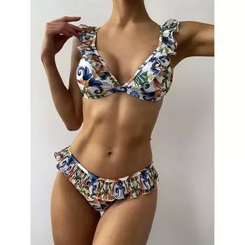 Летний сексуальный кружевной купальный костюм 2 шт. с цветочным принтом комплект бикини Push Up Купальники Женская пляжная одежда S