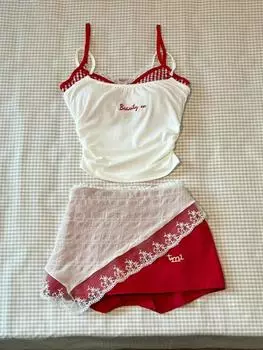 Летний сексуальный тонкий комплект без рукавов с бретельками Женское корейское модное облегающее клетчатое тонкое платье-топ Женское + Эстетическое однотонное платье Y2k Новое S красный/белый