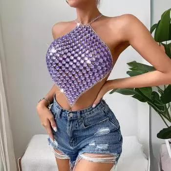 Летний сексуальный топ-труба с отделкой цепочкой и камнем на шее one size fits all фиолетовый