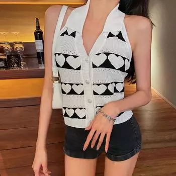 Летний сексуальный вязаный жилет с лямкой на шее, тонкий женский короткий топ с открытой спиной