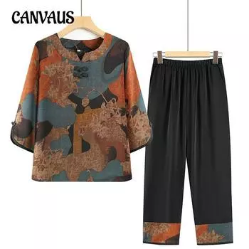 Летний шифоновый повседневный брючный костюм для женщин среднего и пожилого возраста XL красный