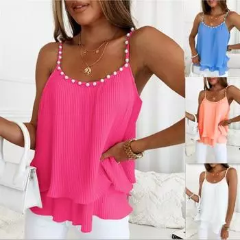 Летний шифоновый топ, белая футболка, модные топы без рукавов с V-образным вырезом и бретельками, футболки, повседневная свободная футболка, женская футболка XXL белый