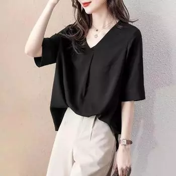 Летний шифоновый топ с v-образным вырезом для женщин, свободная блузка с короткими рукавами и элегантной драпировкой M белый