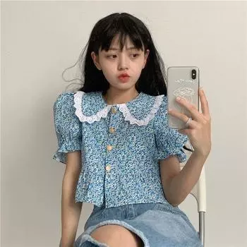 Летний шикарный винтажный топ с воротником «Питер Пэн», женская рубашка в консервативном стиле, кружевные лоскутные повседневные универсальные популярные милые топы S синий