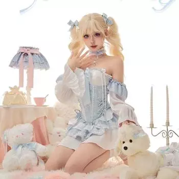 Летний синий костюм Лолиты, тонкий жилет, платье Kawaii Y2k, элегантное короткое вечернее платье, модное в японском стиле L