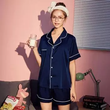 Летний синий женский пижамный комплект с искусственными пятнами, пижама с V-образным вырезом, топ на пуговицах, шорты, узкая женская ночная рубашка из 2 предметов, домашняя одежда M