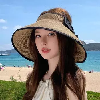 Летний солнцезащитный козырек, соломенная шляпа с пустым верхом, складная солнцезащитная пляжная шляпа с большими полями, женская солнцезащитная шляпа с бантом, шляпы с козырьком от солнца