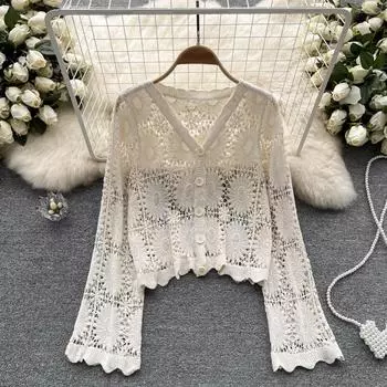 Летний солнцезащитный крем, элегантные кардиганы с цветочным принтом, женские кардиганы с v-образным вырезом и длинными рукавами, винтажный свободный вязаный топ, модная повседневная блузка для пляжного отдыха One Size абрикосовый