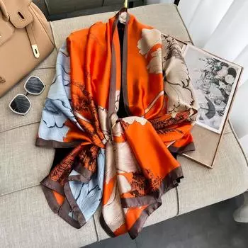 Летний солнцезащитный шелковый шарф с принтом, пляжный шарф, шаль для путешествий, женский шарф 90-180cm бежевый