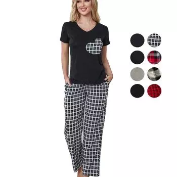Летний спальный костюм для женщин. Пижамный комплект из 2 предметов. Рубашки с принтом в виде сердца с V-образным вырезом и короткими рукавами и длинные брюки в клетку. Домашняя одежда для отдыха. Ночная рубашка. XL чёрный/белый