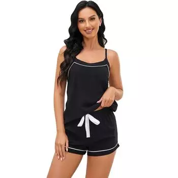 Летний спальный костюм для женщин, сексуальная рубашка-комбинация, шорты на шнурке, комплект из 2 предметов, тонкий домашний повседневный ночной костюм, ночная рубашка, одежда для дома S чёрный