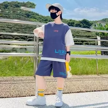 Летний спортивный костюм для мальчиков среднего и большого размера, детский свитер с короткими рукавами, футболка + пять шорт, красивый комплект из двух предметов 170 синий
