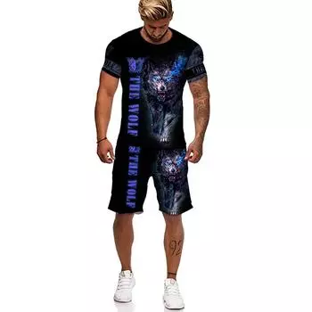 Летний спортивный костюм, мужские футболки с 3D принтом «Свирепый волк», мужской костюм, футболка, шорты, одежда, повседневный комплект из 2 предметов, одежда S
