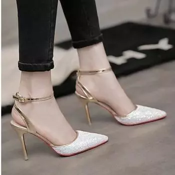 Летний стиль Босоножки на высоком каблуке Блестящие туфли-лодочки с закрытым носком из блесток Женская обувь Сексуальные туфли sandalias Zapatos Mujer788 34 синий