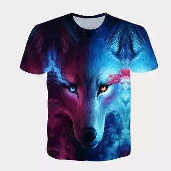 Летний стиль, короткие рукава, голова волка, 3D цифровая печать, спортивные свободные повседневные футболки с круглым вырезом, мужские S