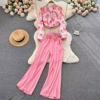 Летний стиль, легкий знакомый стиль, темпераментная рубашка с длинными рукавами и принтом, топ с высокой талией, драпировка, широкие длинные брюки, комплект из двух предметов