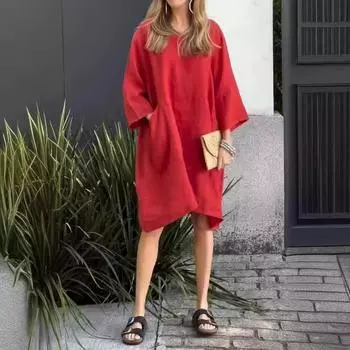 Летний стиль, свободные повседневные однотонные платья из хлопка и льна с рукавами семь четвертей S