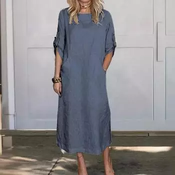 Летний стиль, свободные повседневные однотонные повседневные платья из хлопка и льна с короткими рукавами S белый