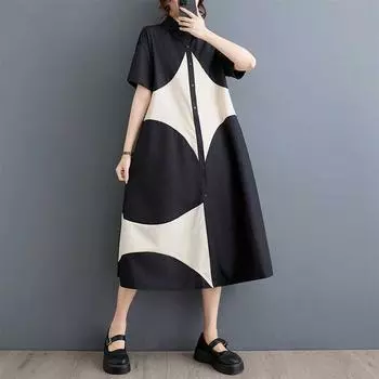 Летний стиль, свободный, большого размера, с принтом, повседневный, простой, милый, с короткими рукавами, платье One Size чёрный