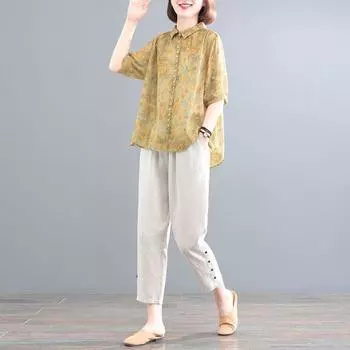 Летний стиль, свободный крой, утягивающий, хлопковый льняной костюм, женский, с короткими рукавами, с цветочным принтом, комплект из 2 предметов, модный, корейский XXL синий