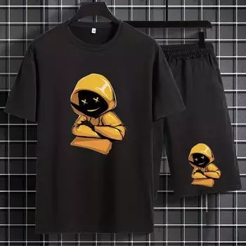 Летний студенческий повседневный костюм с принтом для мальчика, свободная и удобная футболка и спортивные шорты. S