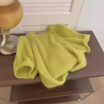 Летний свитер из мохера горчично-желтого цвета с короткими рукавами 2024 года — женский свободный трикотажный топ L жёлтый