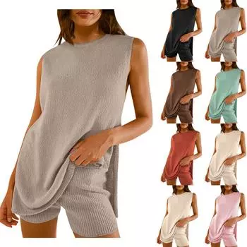 Летний свитер, комплект, вязаный пуловер без рукавов, топ для женщин, одинаковые шорты, комплект из 2 предметов, одежда для пляжного отдыха L бежевый