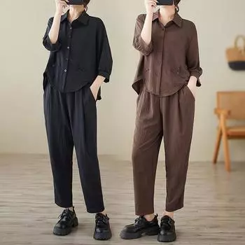 Летний свободный костюм-рубашка с длинными рукавами, женский модный темперамент, простые прямые брюки, костюм-двойка XXL чёрный