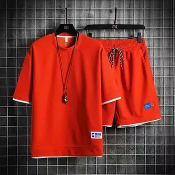 Летний свободный мужской комплект из вафельной ткани, дышащий мужской повседневный спортивный комплект, футболка и шорты, модный комплект из двух предметов, спортивный костюм XXL