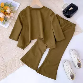 Летний свободный однотонный топ с длинными рукавами и круглым вырезом для девочек Bear Leader, комплект из двух предметов для детской одежды, AZ4288 2T