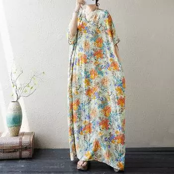 Летний свободный пуловер в стиле ретро с V-образным вырезом, женское платье-трапеция с короткими рукавами и средней длиной для женщин average size