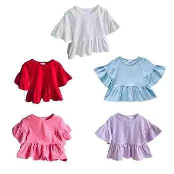 Летний свободный топ с короткими рукавами для девочек от 1 до 8 лет, плиссированная повседневная рубашка с круглым вырезом и круглым вырезом 90